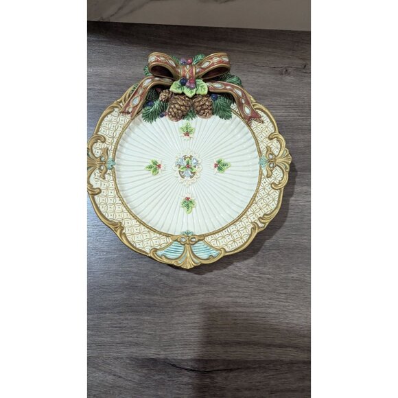 Fitz & Floyd Florentine Christmas Canape Plate Bow Pinecone Design fruit 10" - Picture 5 of 8